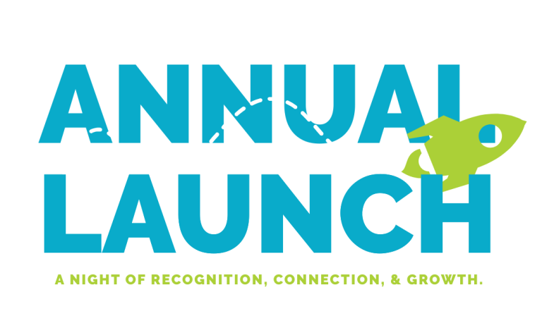 The words annual launch with a rocket ship flying between the letters