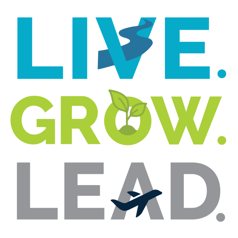 The summit logo; three words stacked on each other: A blue "LIVE" with a river in the R, a green "GROW" with a plant in the O, and a gray "LEAD" with an airplain crossing the A.